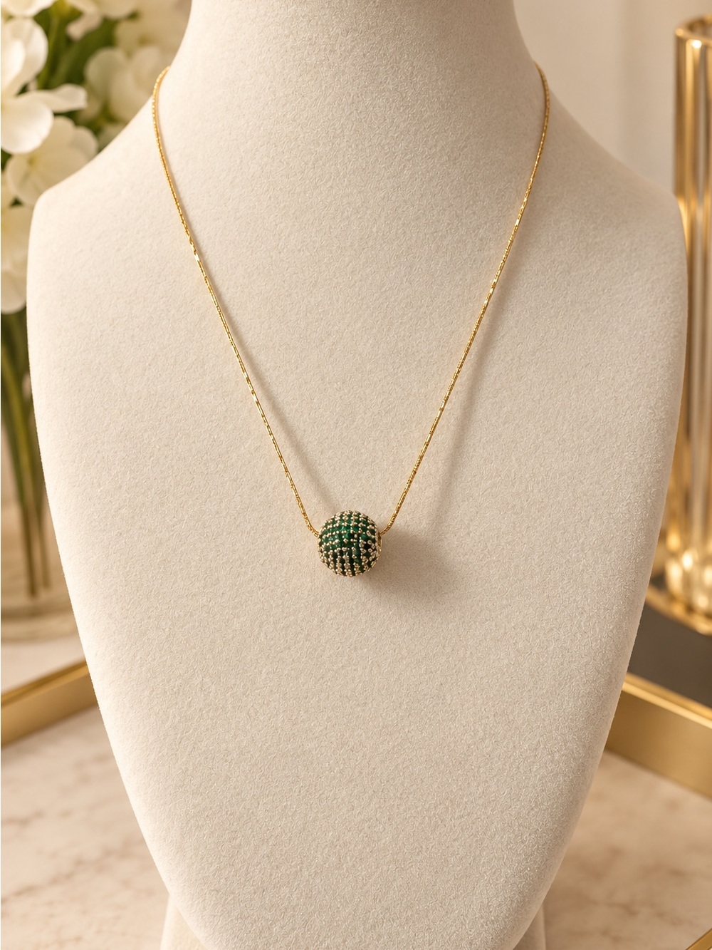 Gold Chain Necklace with Green Pave Sphere Pendant
